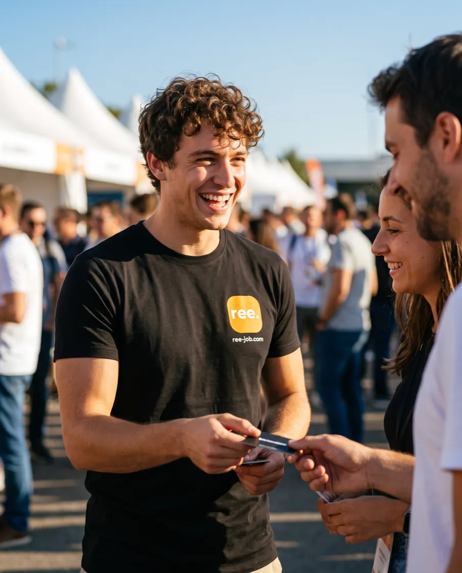 Reejob promoter in conversation with visitors on a convention fairground