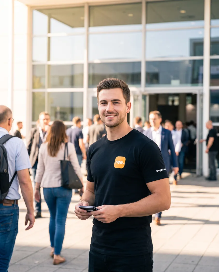 Reejob promoter in branded teamwear at a trade show entrance