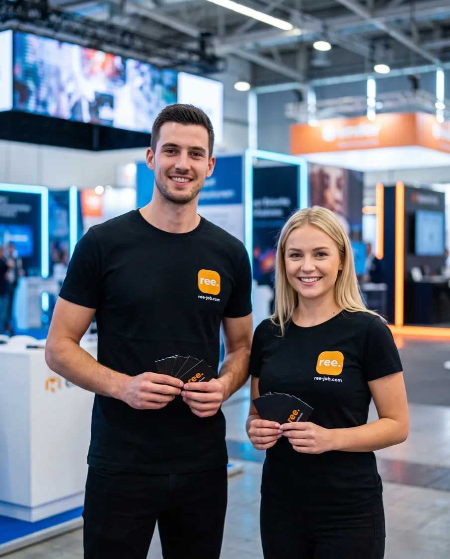 Two Reejob promoters with campaign cards inside an exhibition hall