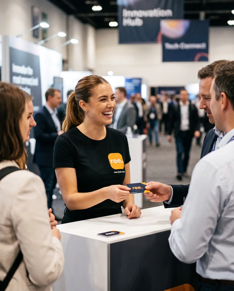 Reejob promoter talking to visitors at a stand