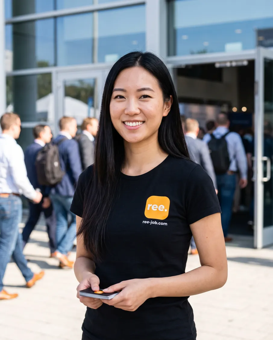 Reejob promoter in branded teamwear at a venue entrance